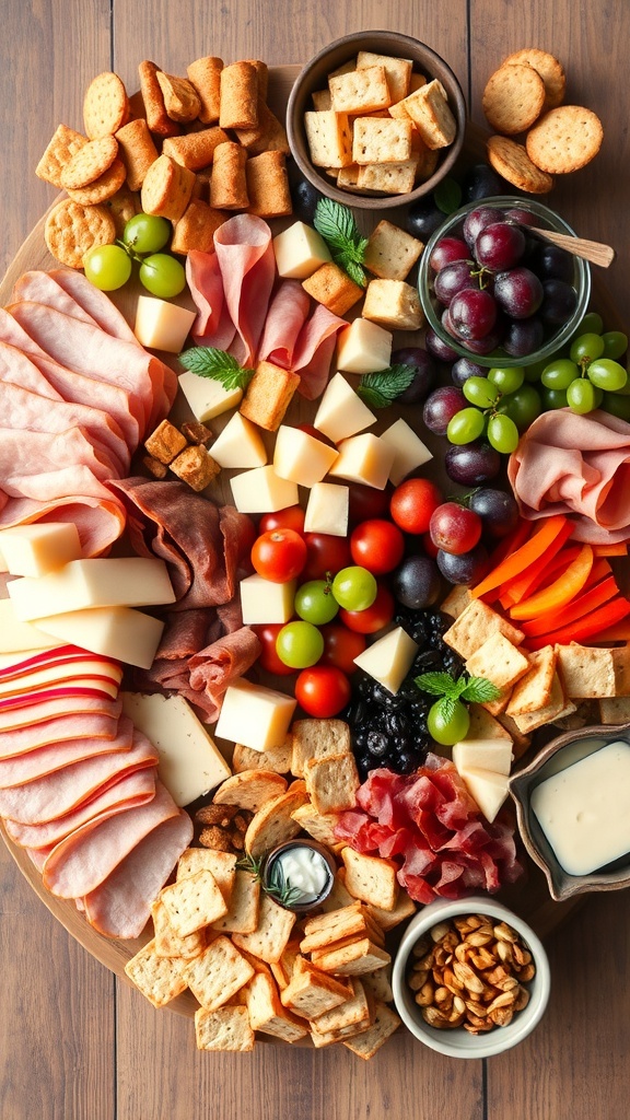 An affordable charcuterie board with meats, cheeses, fruits, and snacks arranged on a wooden board.